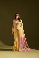 Yellow Resham Weaving Saree with contrast pink pallu front drape view