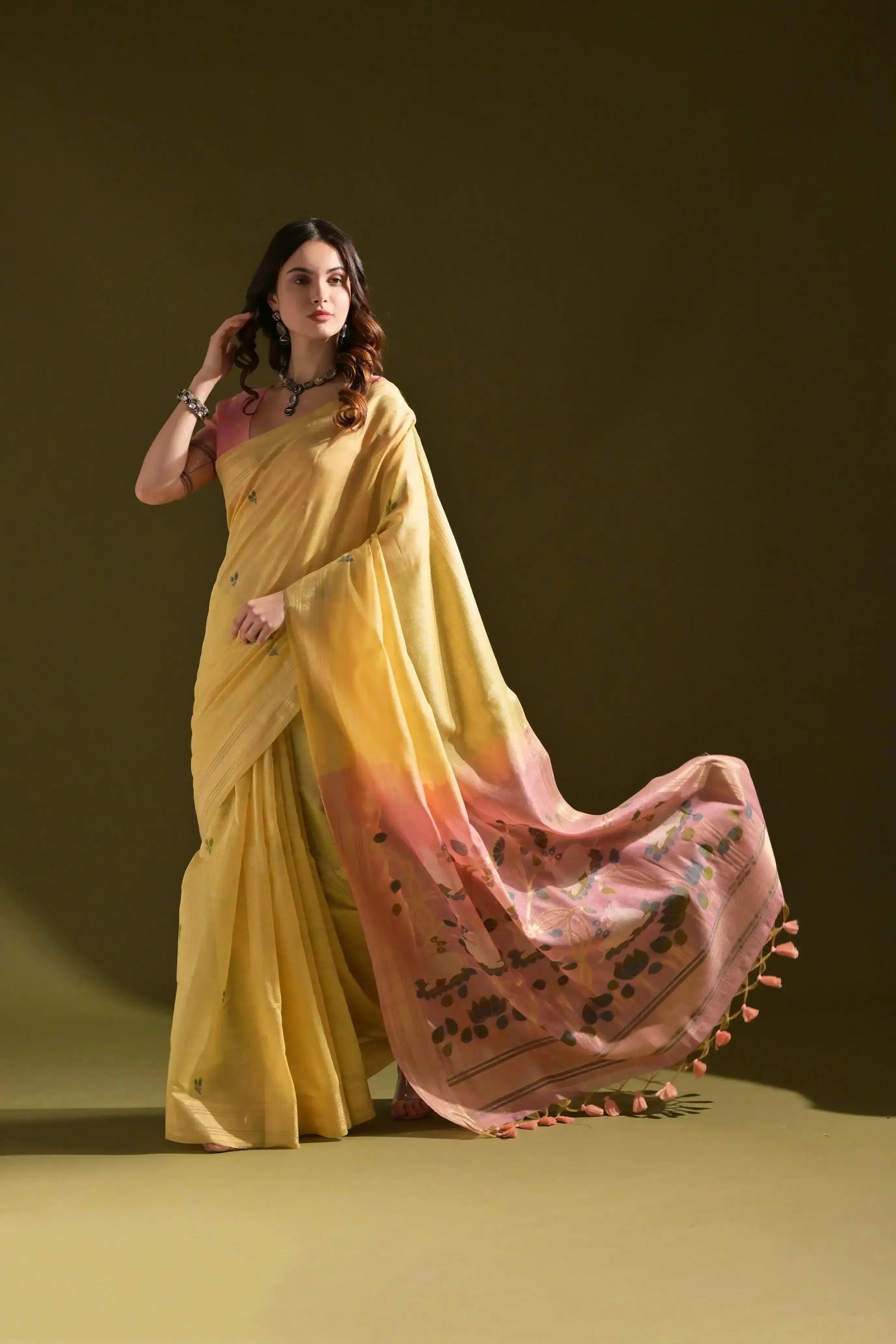 Yellow Resham Weaving Saree pink floral printed pallu flowing view