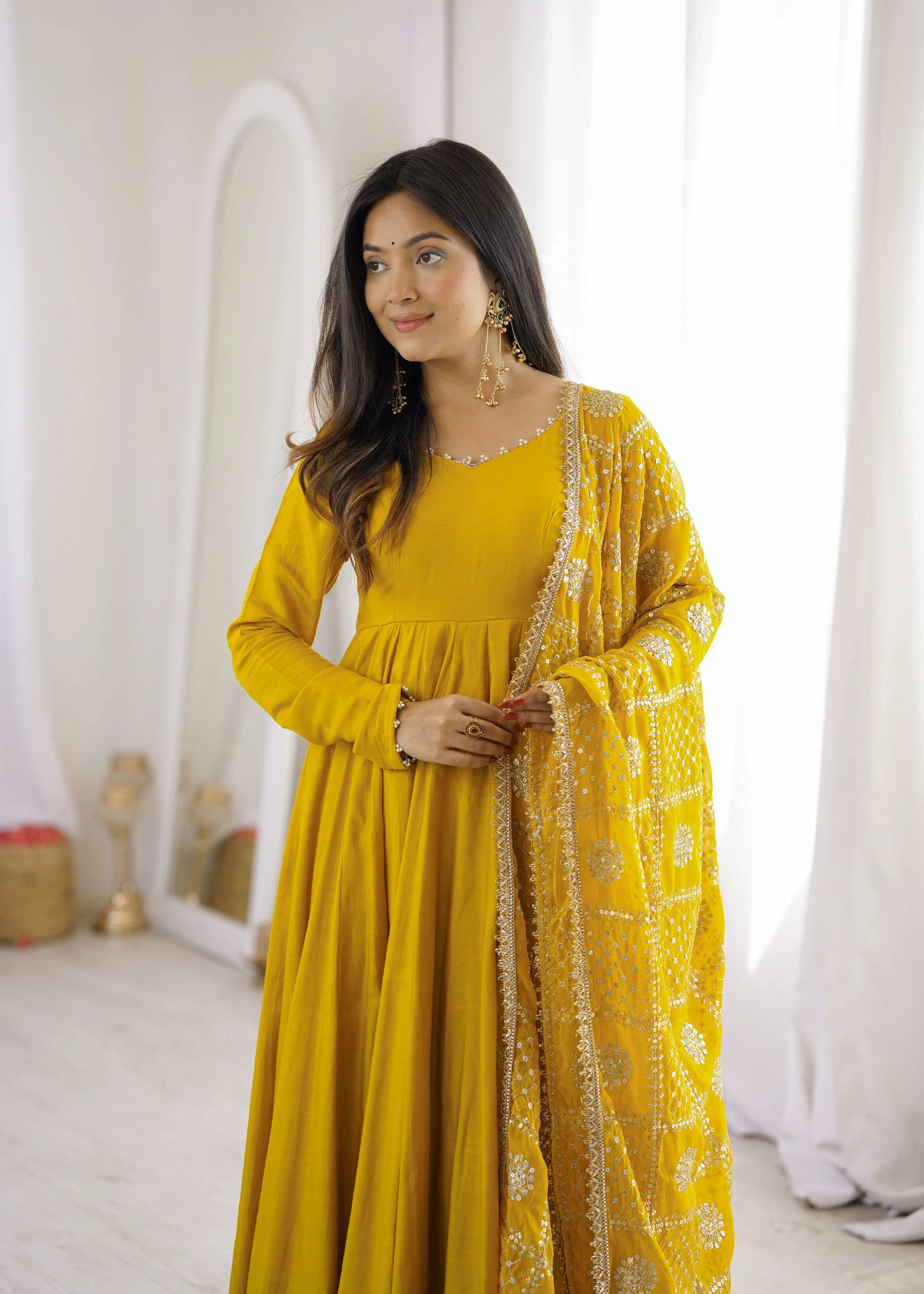Yellow Sequins Embroidered Anarkali Suit front view with dupatta over shoulder