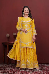 Yellow Chinon Sharara Suit with Floral Booti Dupatta – Full Length View KU224