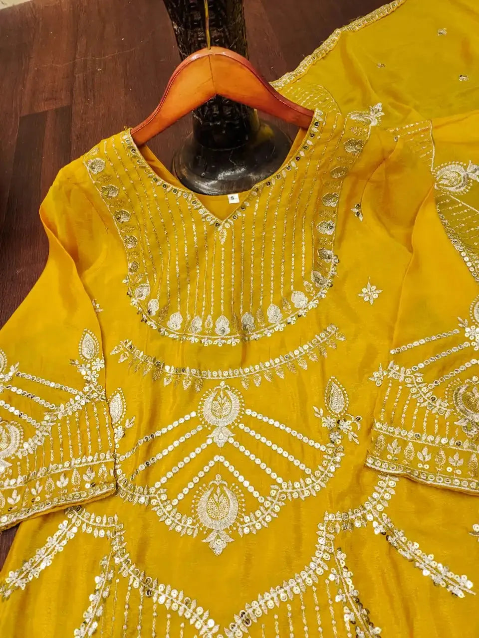 Yellow Sharara Suit Embroidery Detail – Crescent Arch Sequins Panel with Vertical Zari Lines