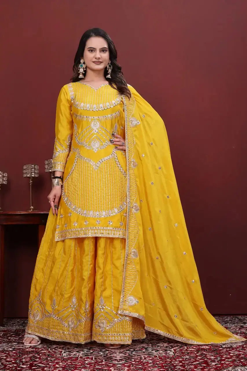 Yellow Sequins Embroidered Sharara Suit – Full Front View with Chinon Fabric and Embroidered Sharara