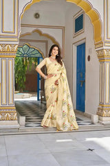 Yellow Thread Embroidered Jacquard Saree with crane and lotus motifs, front standing pose
