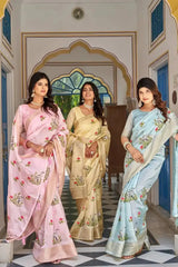 Close view of Yellow Thread Embroidered Jacquard Saree in group styling shot
