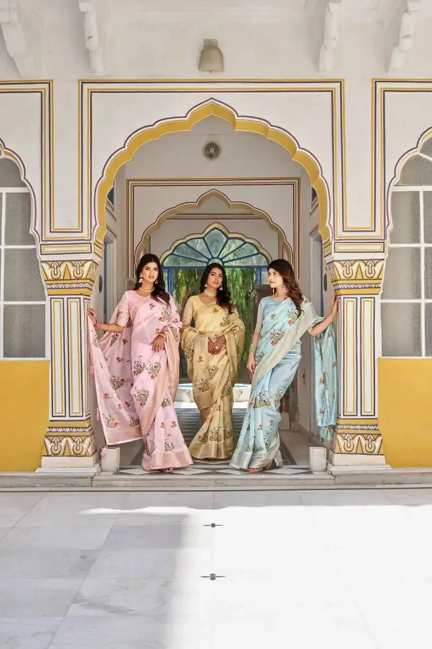 Yellow Thread Embroidered Jacquard Saree shown alongside matching colorways