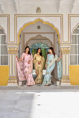 Yellow Thread Embroidered Jacquard Saree shown alongside matching colorways