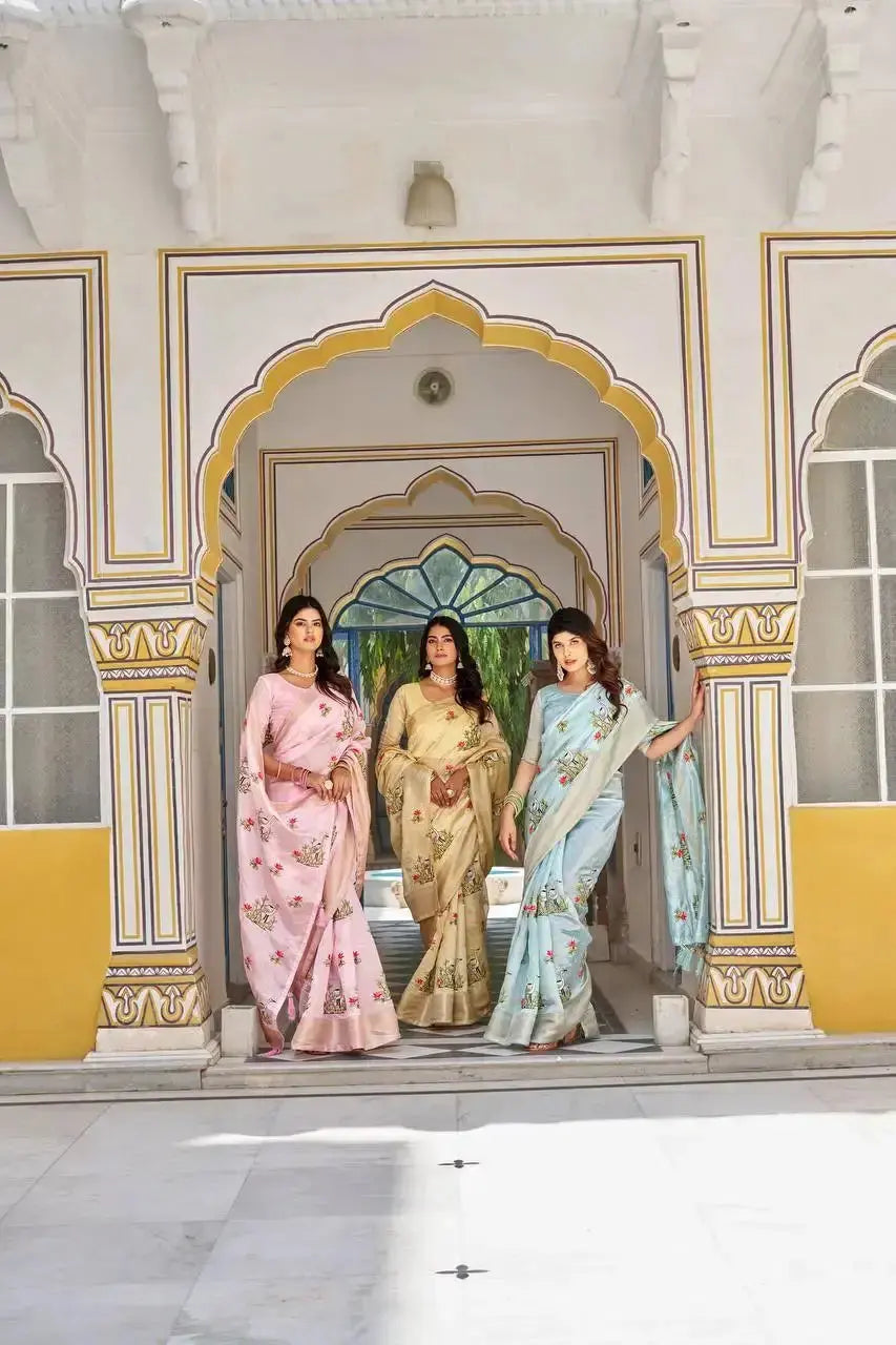 Yellow Thread Embroidered Jacquard Saree in a group walking shot