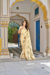 Yellow Thread Embroidered Jacquard Saree side pose with zari border