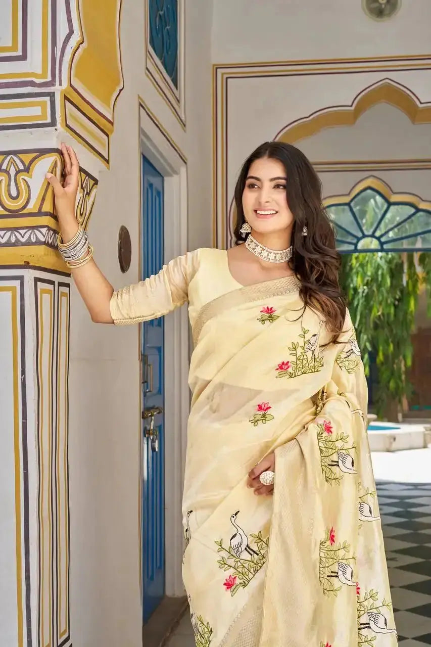 Yellow Thread Embroidered Jacquard Saree styled with choker and jhumkas