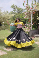 Elegant Black Party Wear Lehenga featuring Designer Embroidered Blouse, Mustard Yellow Border, and Ethnic Charm