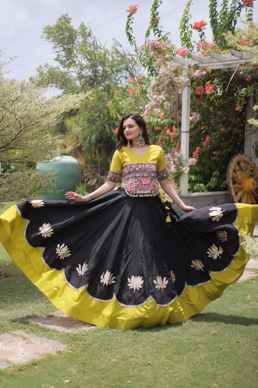 Traditional Black and Yellow Lehenga Choli with Colorful Mirror Style Embroidery and Festive Appeal