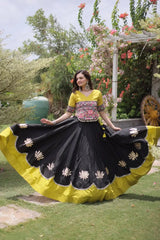 Traditional Black and Yellow Lehenga Choli with Colorful Mirror Style Embroidery and Festive Appeal