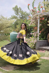 Designer Black Lehenga Choli with Colorful Handcrafted Embroidery, Mustard Yellow Border, and Festive Wear Appeal