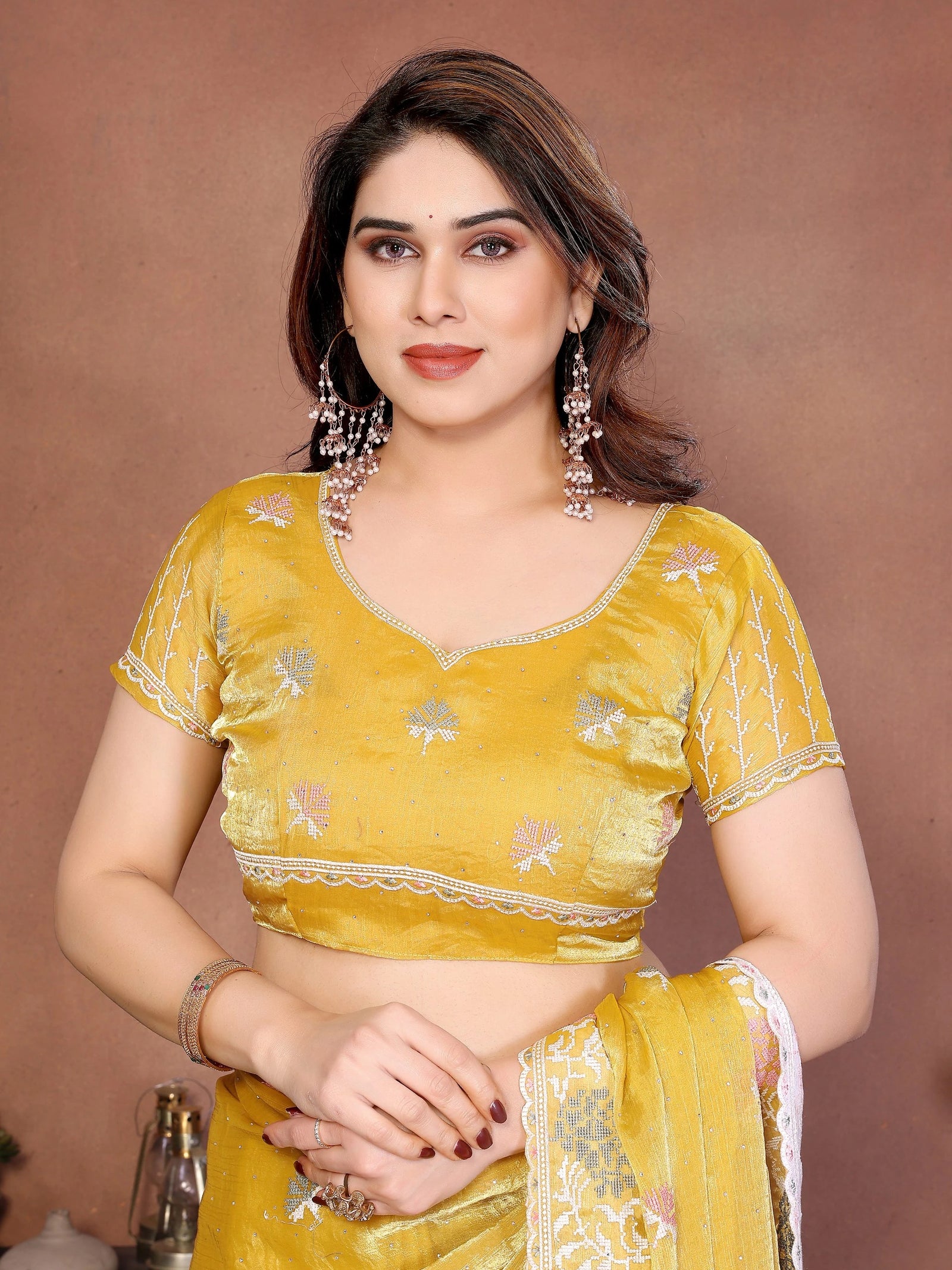 Yellow Embroidered Swarovski Work Fendy Chiffon Silk Saree