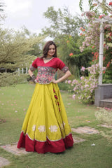 Stylish Mustard Yellow Lehenga Choli with Colorful Handcrafted Pattern, Maroon Border, and Festive Wear Look
