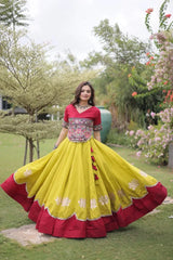 Elegant Mustard Yellow Lehenga Choli with Vibrant Embroidered Bodice, Flared Skirt, and Traditional Festive Appeal