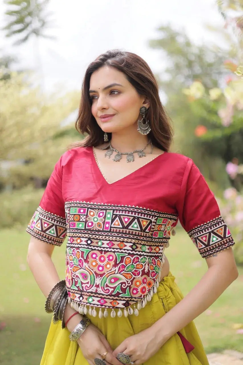 Premium Festive Lehenga Choli in Yellow and Maroon with Intricate Embroidered Blouse and Elegant Flair