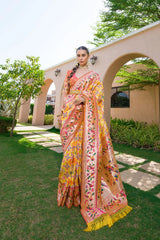 Woman wearing a colorful saree outdoors with greenery and a building in the background