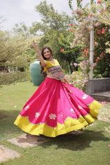 Elegant Hot Pink Party Wear Lehenga featuring Designer Embroidered Blouse, Mustard Yellow Border, and Ethnic Charm