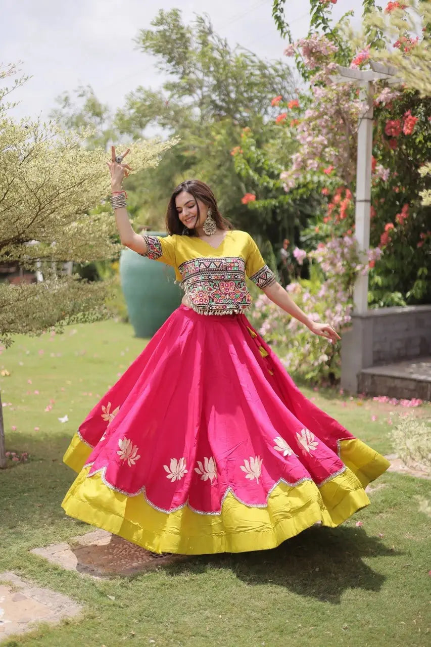 Traditional Pink and Yellow Lehenga Choli with Colorful Mirror Style Embroidery and Festive Appeal