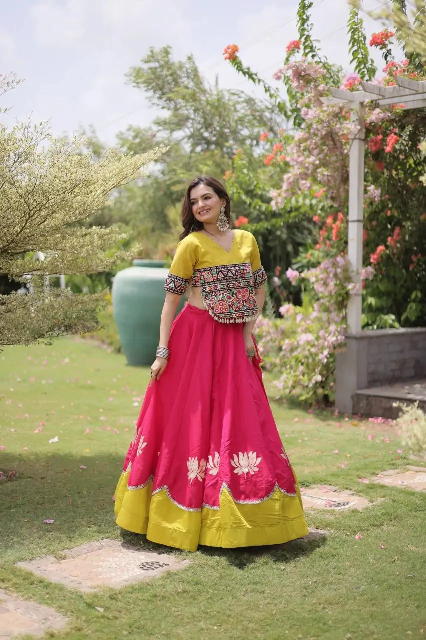 Stylish Hot Pink and Mustard Yellow Lehenga featuring Kutchi Inspired Embroidery, Flared Silhouette, and Graceful Festive Look