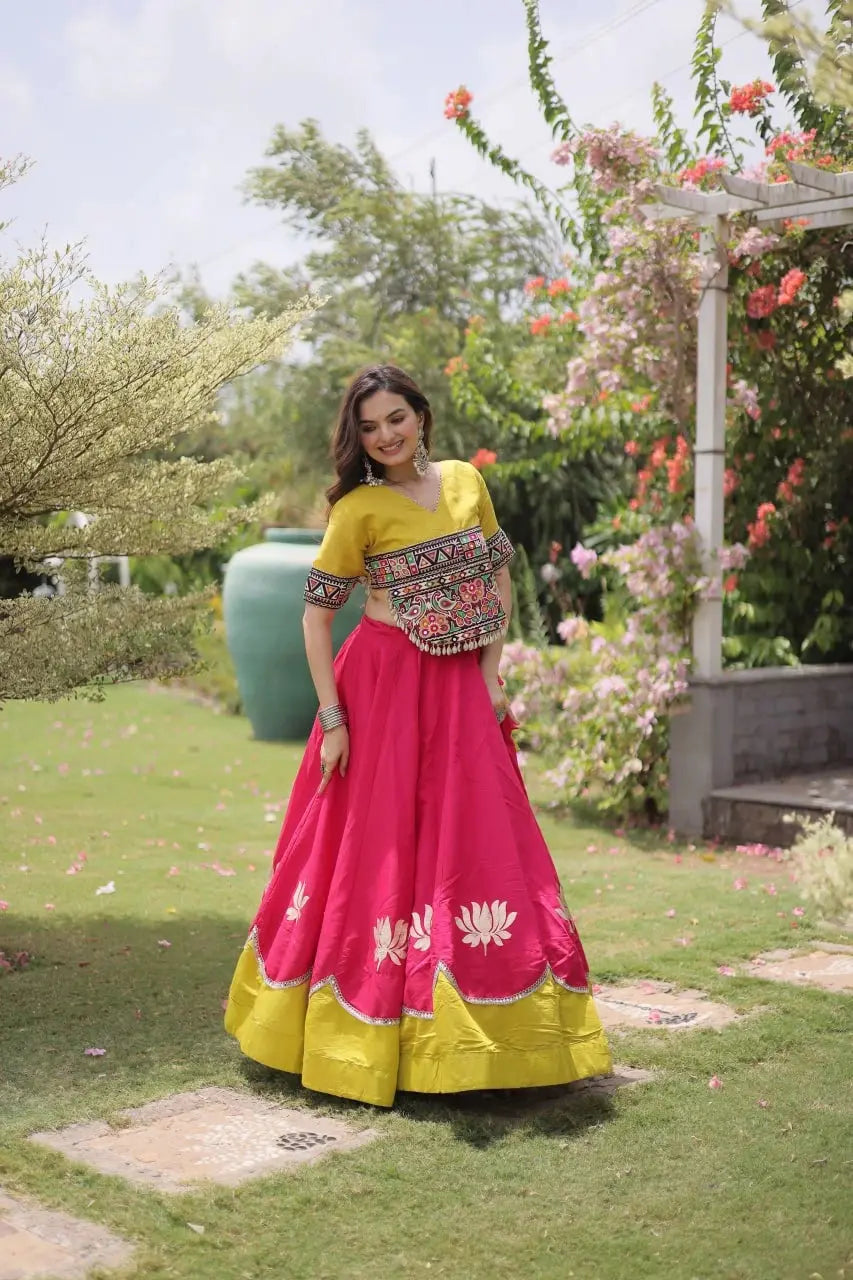 Premium Hot Pink Lehenga Choli with Multicolor Tribal Embroidery, Lotus Motifs, and Rich Traditional Craftsmanship