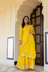 Silver embroidered teal Chinon silk suit – Kalyanja.