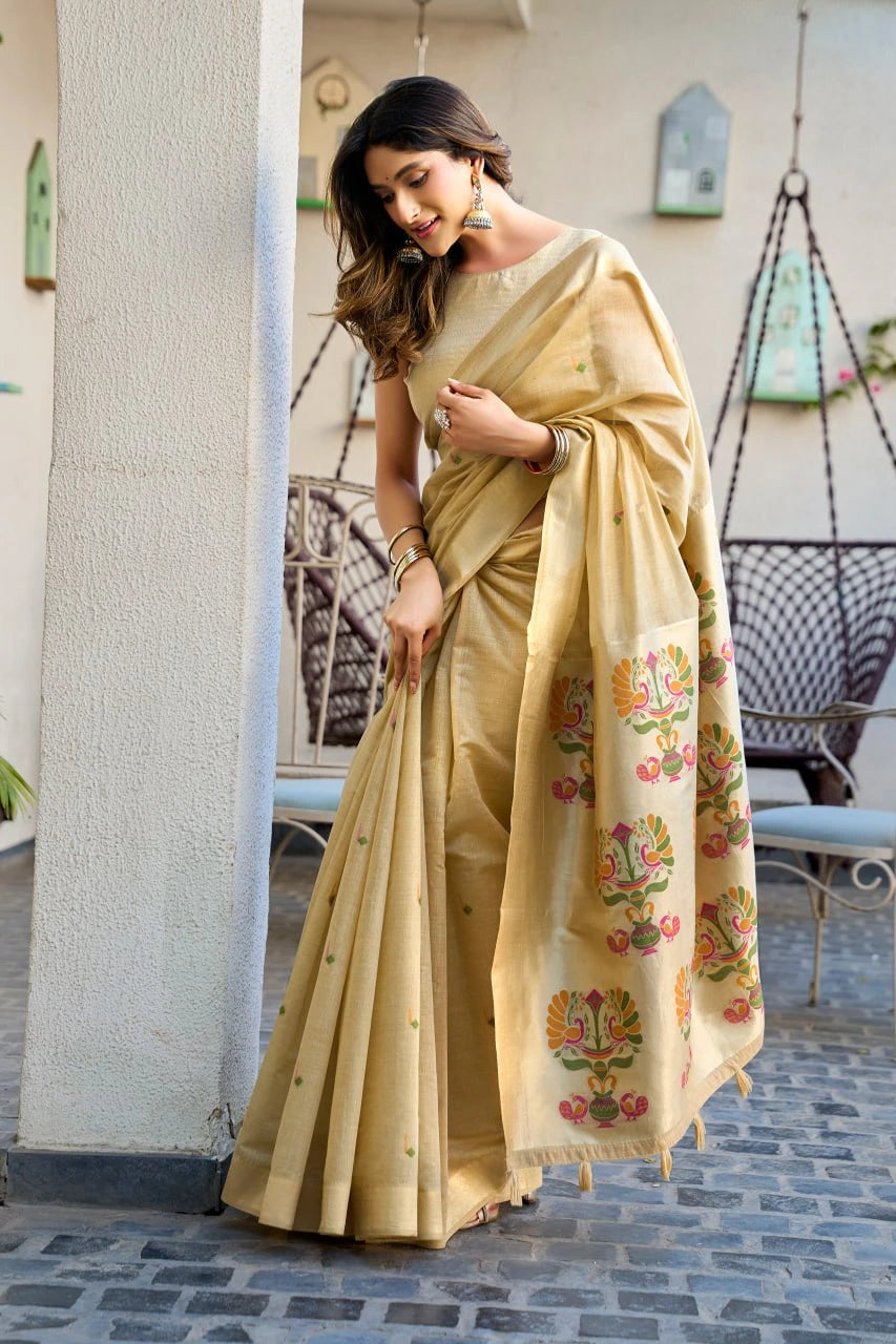 Woman wearing a beige saree with floral patterns in an outdoor setting