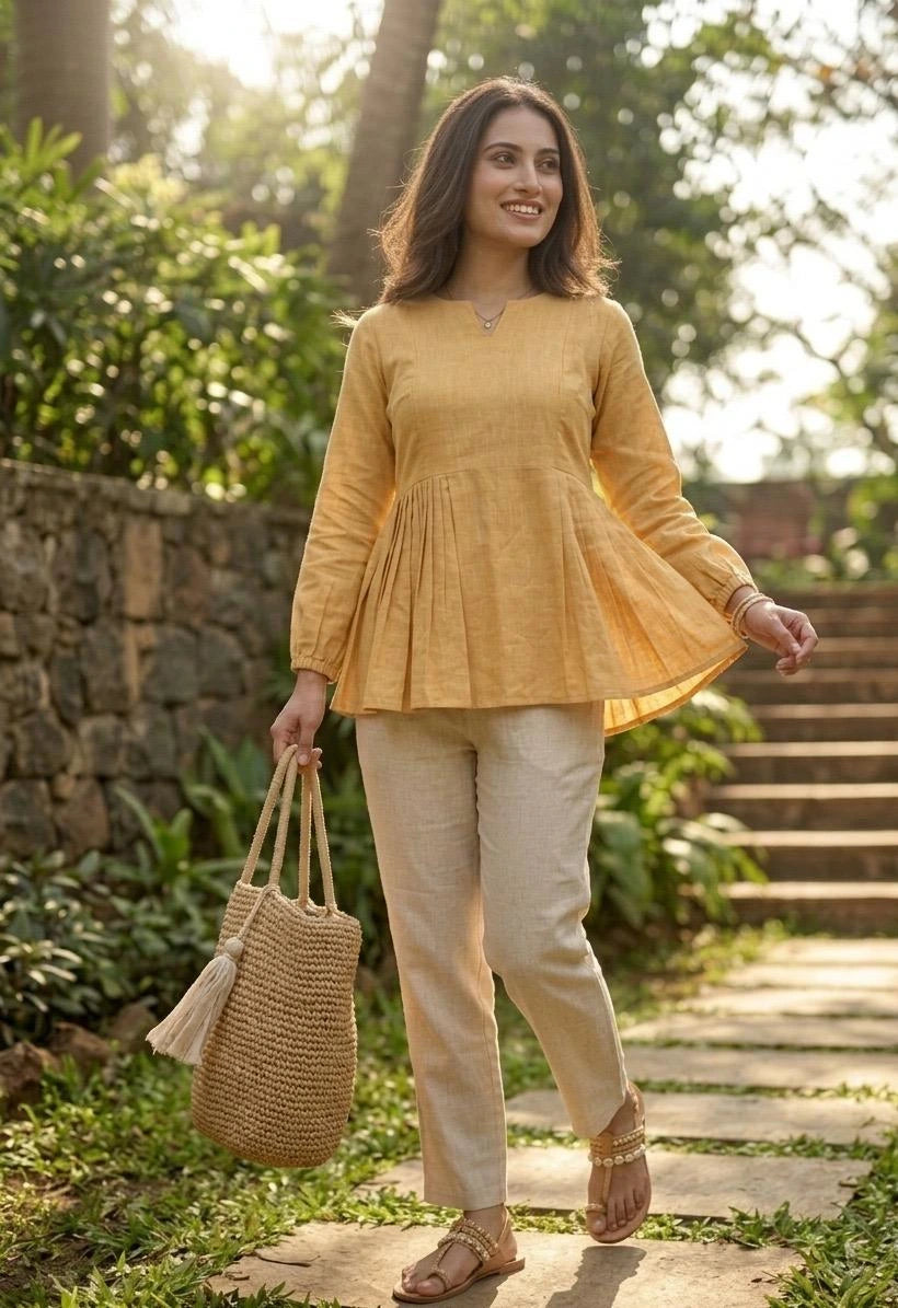 Woman in yellow top and beige pants holding a woven bag outdoors.
