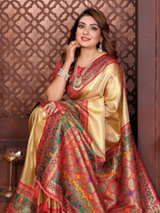 Woman in a traditional saree with intricate patterns against a decorative wall.