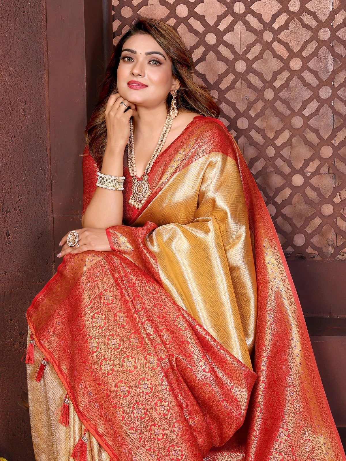 Woman wearing a red and gold saree with jewelry against a patterned wall.