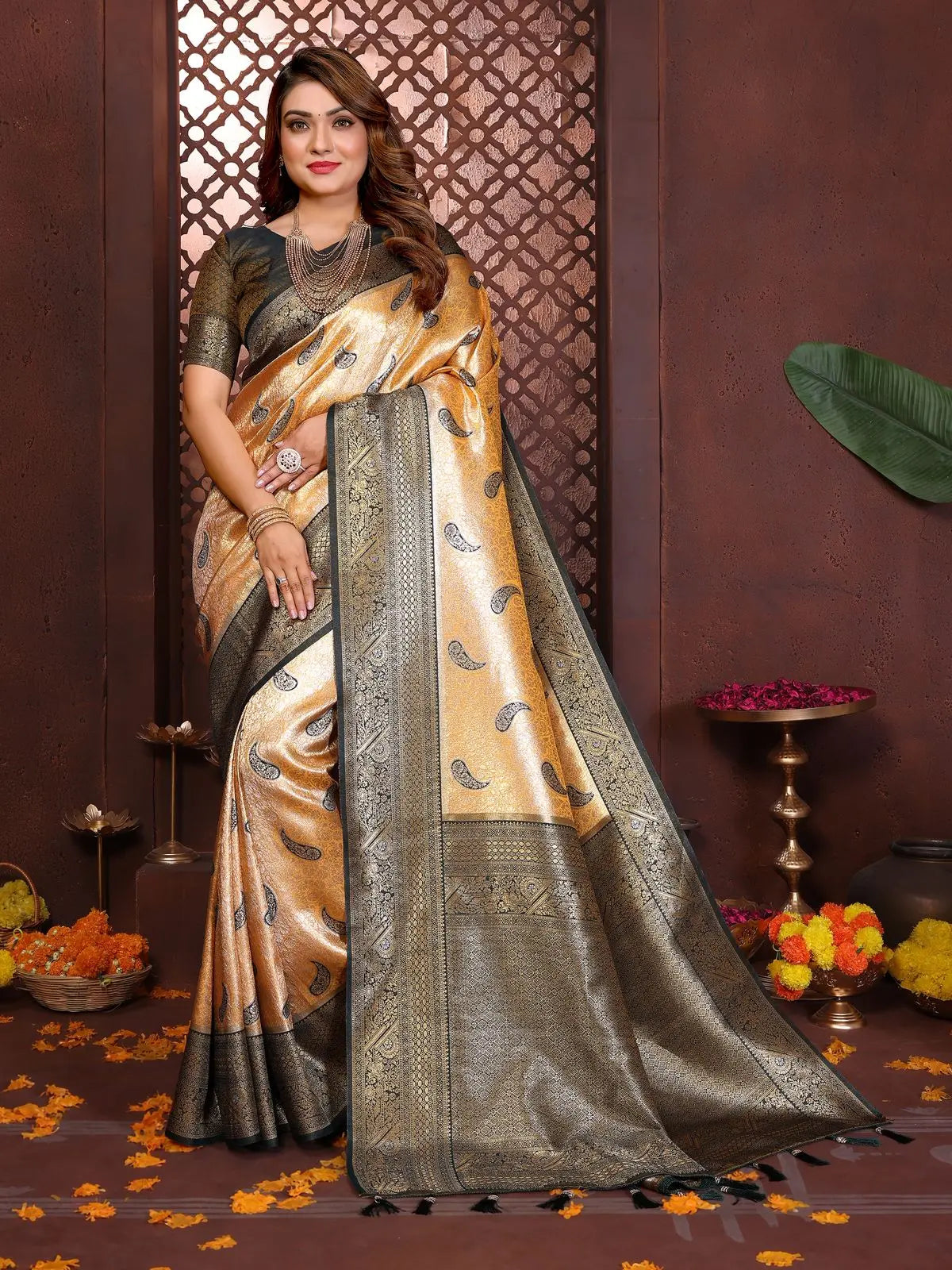 Woman wearing a traditional saree with a decorative background