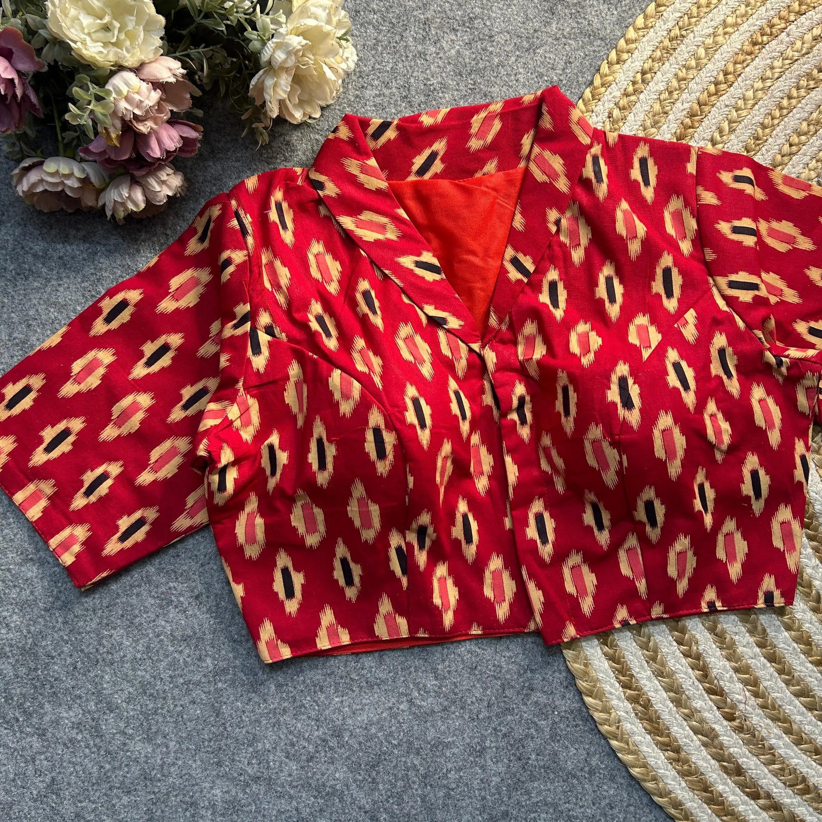 Red Ajrakh Print Cotton Blouse-kalyanja