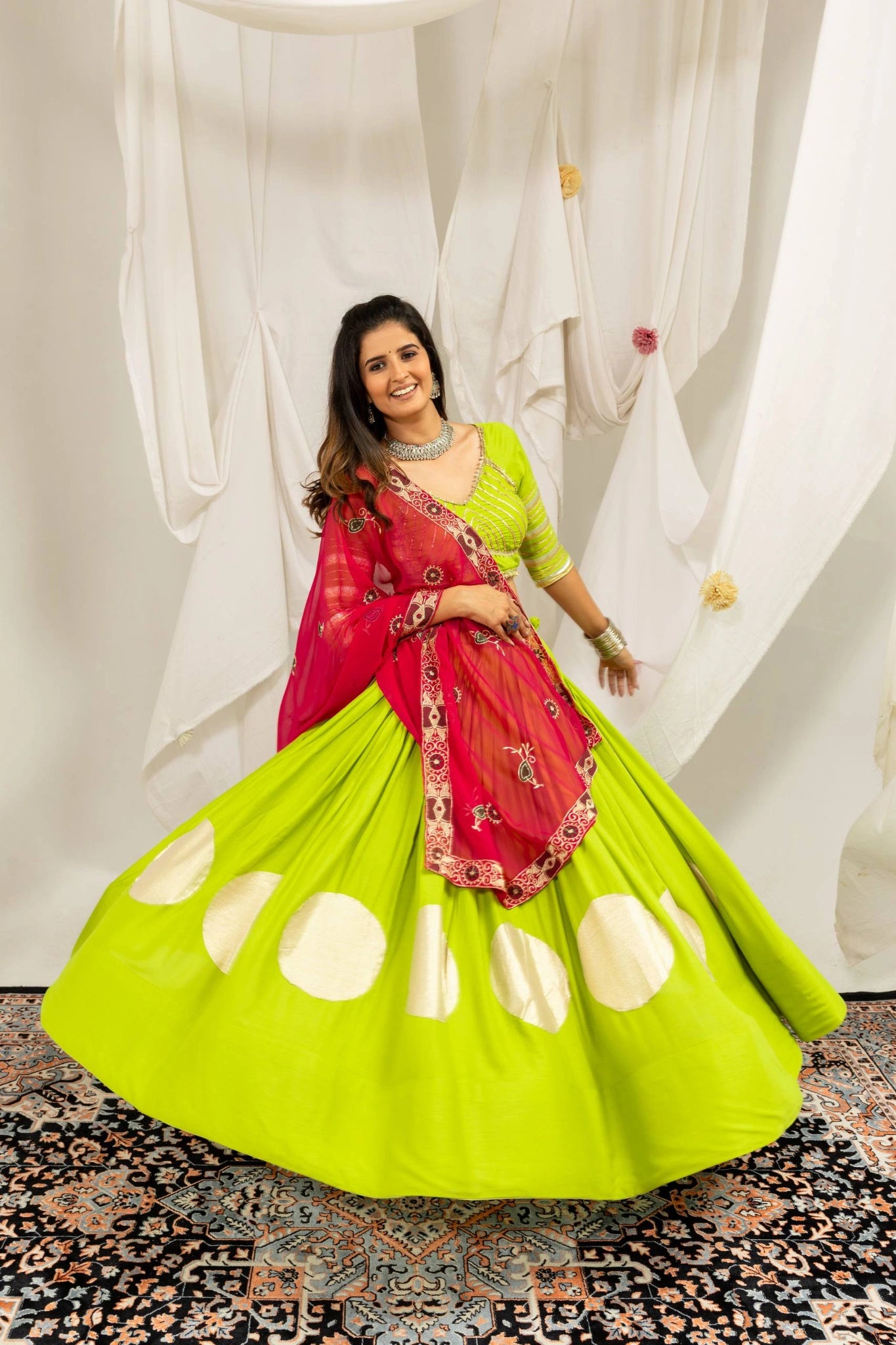 Android Green Gota Work Lehenga Full Front View – KL202 – Kalyanja