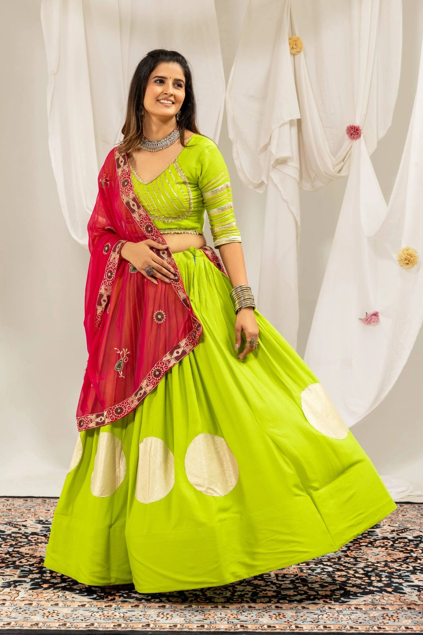 Android Green Gota Work Lehenga Another Front View – KL202 – Kalyanja