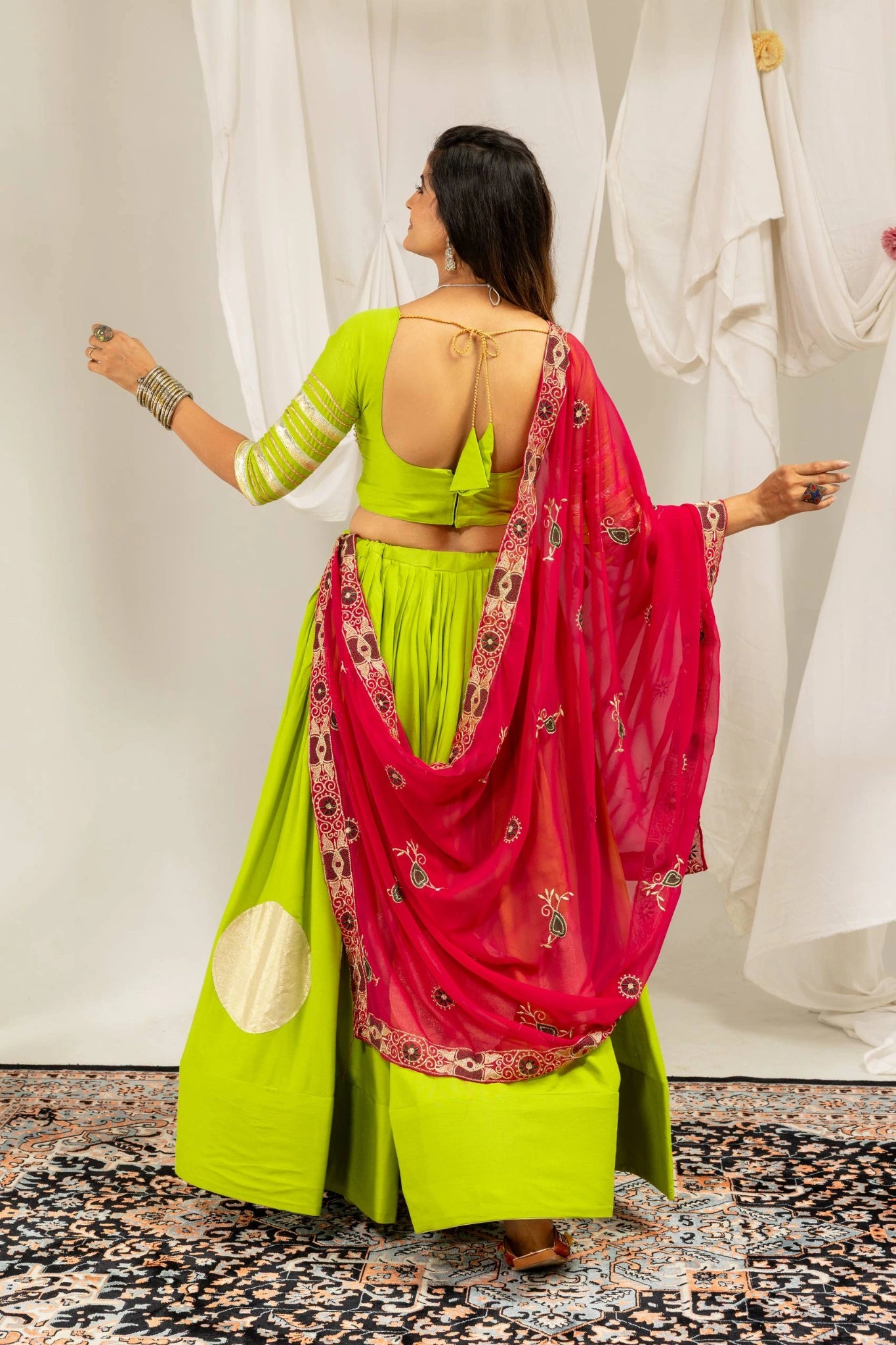 Android Green Gota Work Lehenga Back View Dori Tie – KL202 – Kalyanja