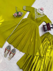 Android Green Chinon Silk Suit Set Flat Lay with Juttis – KU259