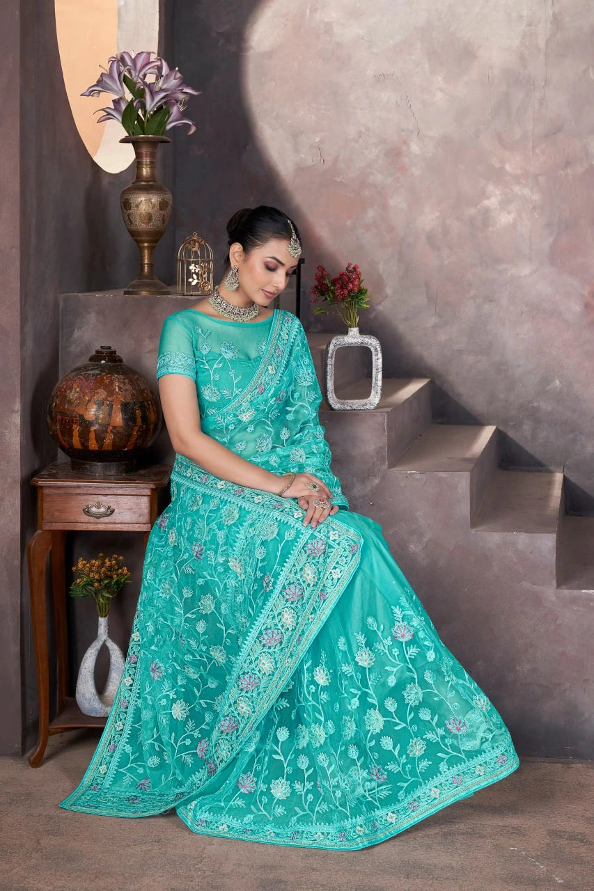 Aqua Blue Embroidered Saree | Butterfly Net | KS390 | Kalyanja