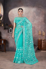 Aqua Blue Embroidered Saree Party Wear | Butterfly Net | KS390 | Kalyanja
