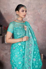 Aqua Blue Embroidered Saree Wedding | Butterfly Net | KS390 | Kalyanja