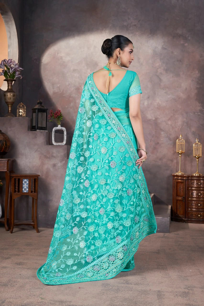 Aqua Blue Embroidered Saree Back View | Butterfly Net | KS390 | Kalyanja