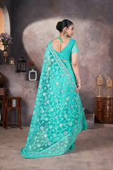 Aqua Blue Embroidered Saree Back View | Butterfly Net | KS390 | Kalyanja