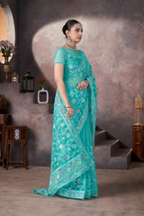Aqua Blue Embroidered Saree Side View | Butterfly Net | KS390 | Kalyanja