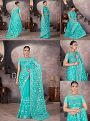 Aqua Blue Embroidered Saree Collage | Butterfly Net | KS390 | Kalyanja