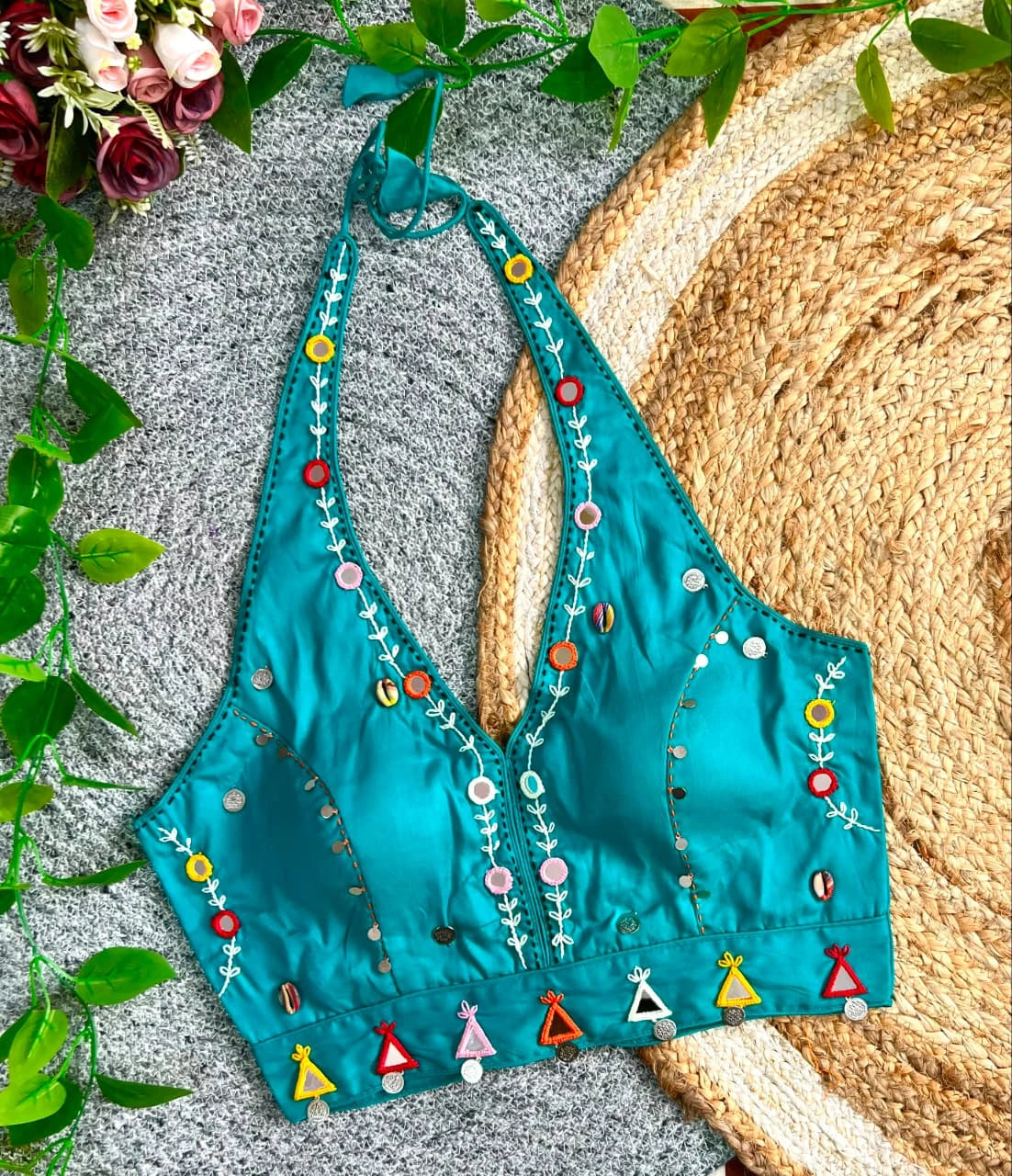 Aqua Blue Multi Thread with Mirror Work Blouse – Kalyanja KB44