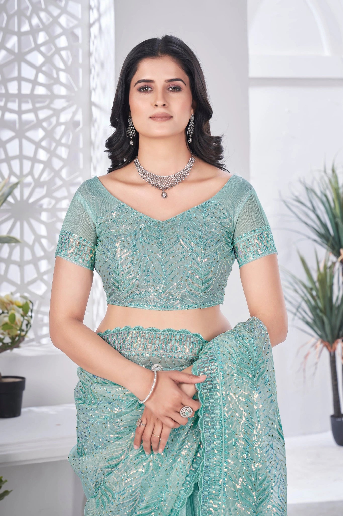 Aqua Blue Thread Embroidered Saree Party Wear | Tissue Net | KS389 | Kalyanja