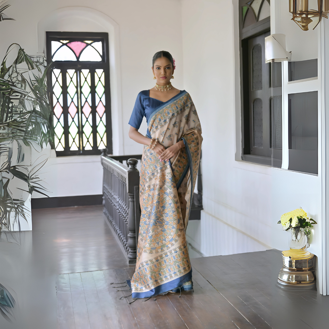 A woman models an elegant Beige Soft Tussar Silk Saree featuring an all-over Madhubani-style print in shades of blue and ochre. The saree is framed by a solid deep navy blue border. She wears a matching navy blue blouse and a gold Kundan choker necklace, posing indoors next to a dark wooden banister.