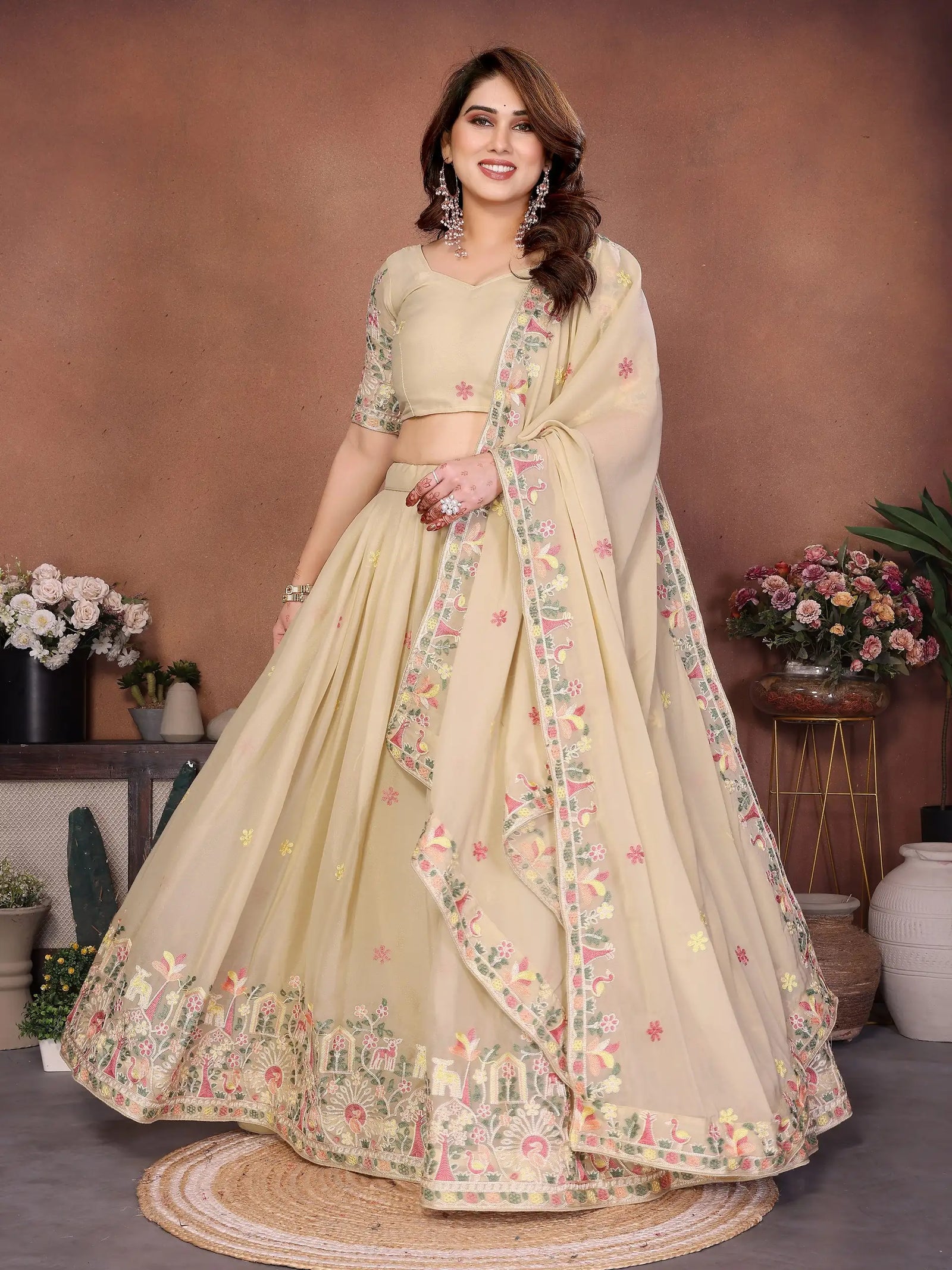 Beige Embroidered Cut Work Lehenga front full view dupatta draped – Kalyanja KL171