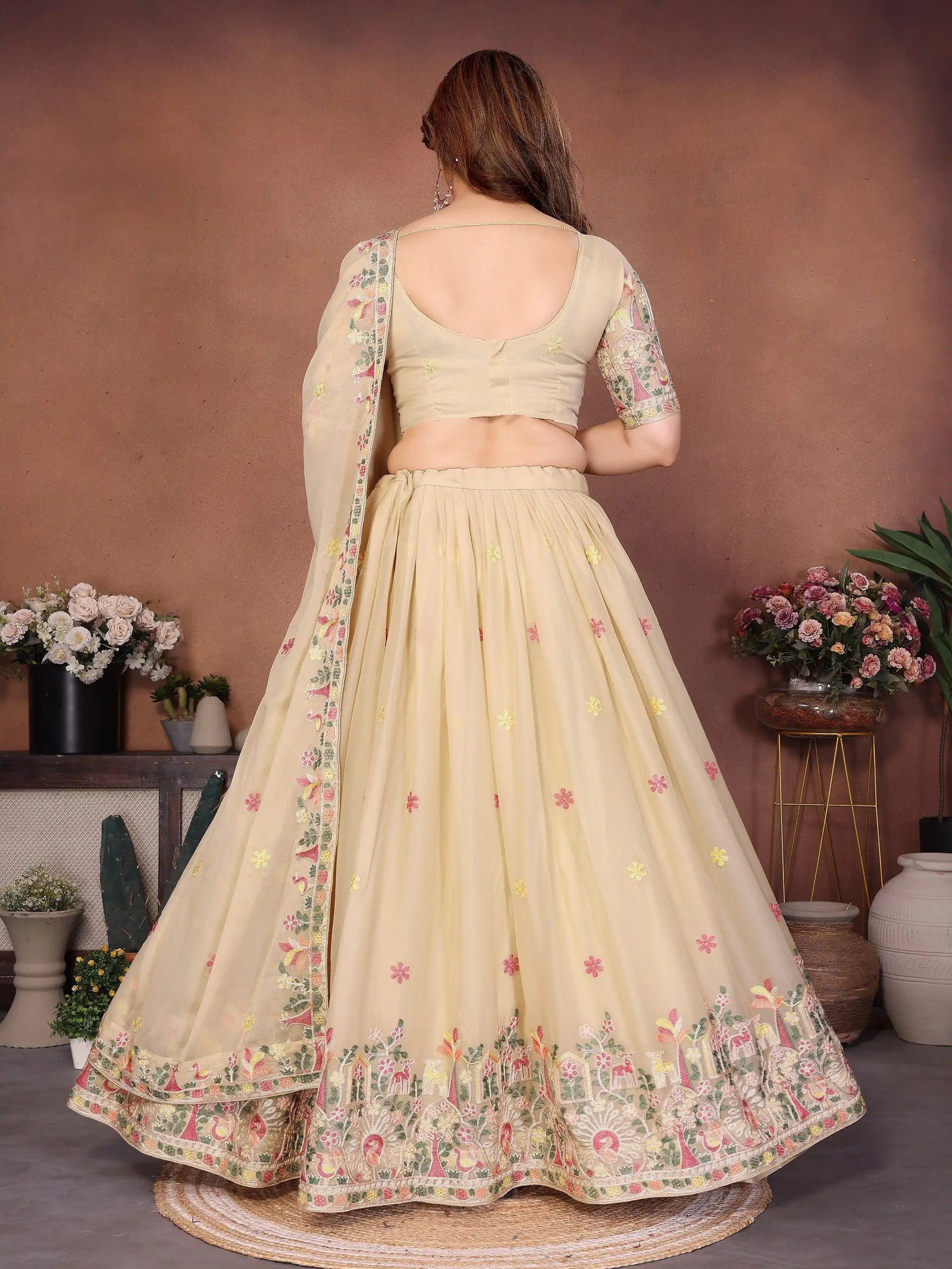 Beige Star Georgette Lehenga back view open back choli – Kalyanja KL171