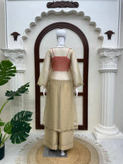 Beige Mirror Work Suit mannequin back view open sheer overlay – Kalyanja KU293